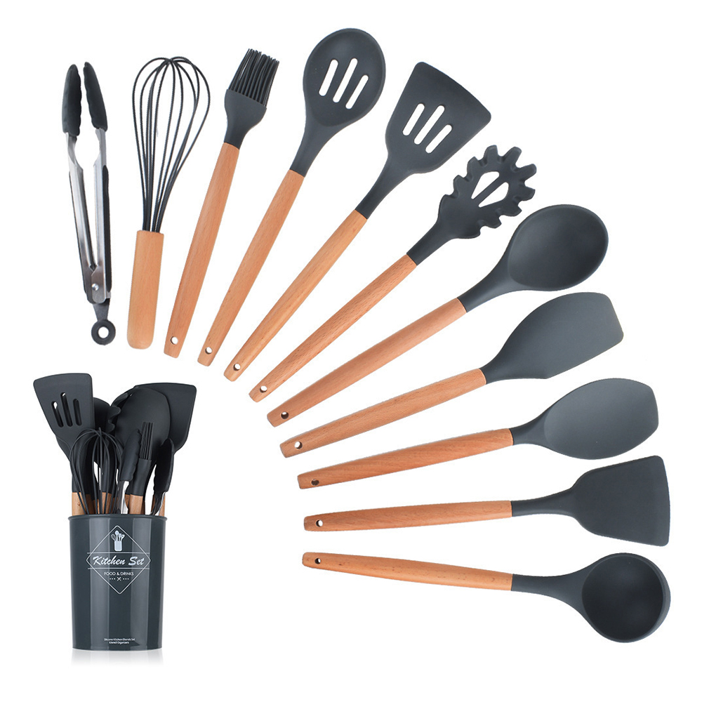 Mistaha Wooden Handle Silicone Kitchenware 11-piece set Nine-color Optional Dark Grey