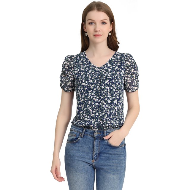 Unique Bargains Blouse Florale pour Femmes V Cou Détendre Hauts à Manches Courtes