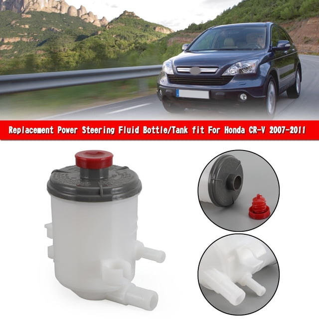 Bouteille/réservoir de Liquide de Direction Assistée de Remplacement Compatible avec Honda CR-V 2007-2011. l'Image Montre un Réservoir de Pompe de Direction Assistée en Plastique Tout Neuf avec un Capuchon Gris et un Évent Rouge, Conçu pour Correspondre aux Spécifications d'Usine d'Origine. Convient aux Modèles Honda CR-V LX, EX, EX-L et SE de 2007 à 2011. Comprend un Gros Plan des Détails du Capuchon et de l'Évent, avec un Arrière-Plan