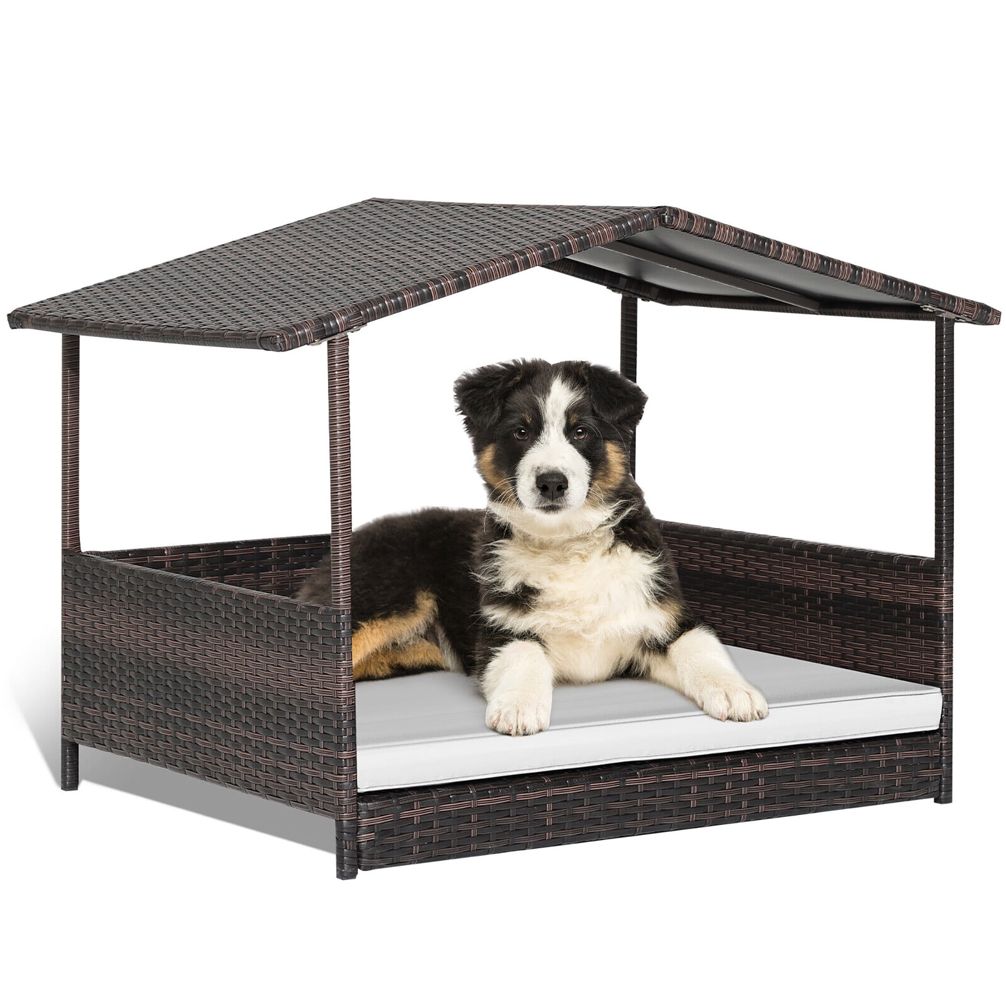 Gymax Wicker Dog House w/ Cushion Lounge Raised Rattan Bed for Indoor/Outdoor