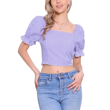 INSPIRE CHIC Haut Court Smocké pour Femmes à Manches Bouffantes, Haut Paysan à Carreaux Vichy, L Violet Pâle