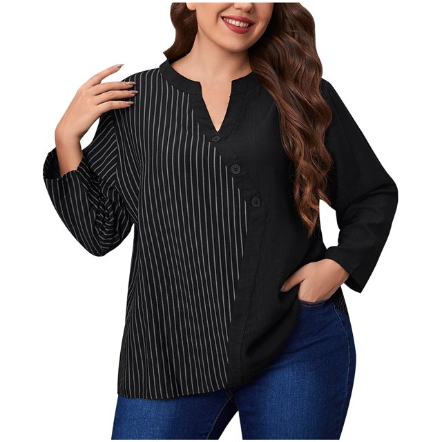 Pompotops Women's Large Size Long Sleeve Round Neck Button Fallow Loose T-shirt Clearance
