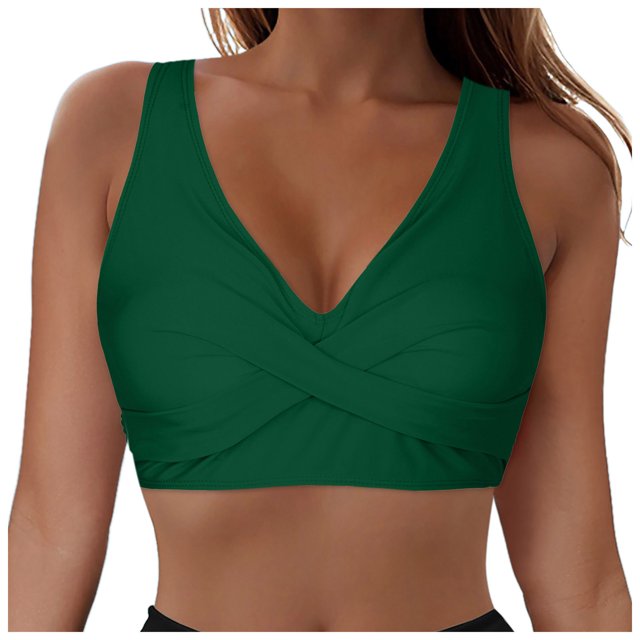 Huesdet Bikini Tops for Women Triangle Bikini Top Ribbed Push up Padded Halter String Bathing Suits Top(Green,S)