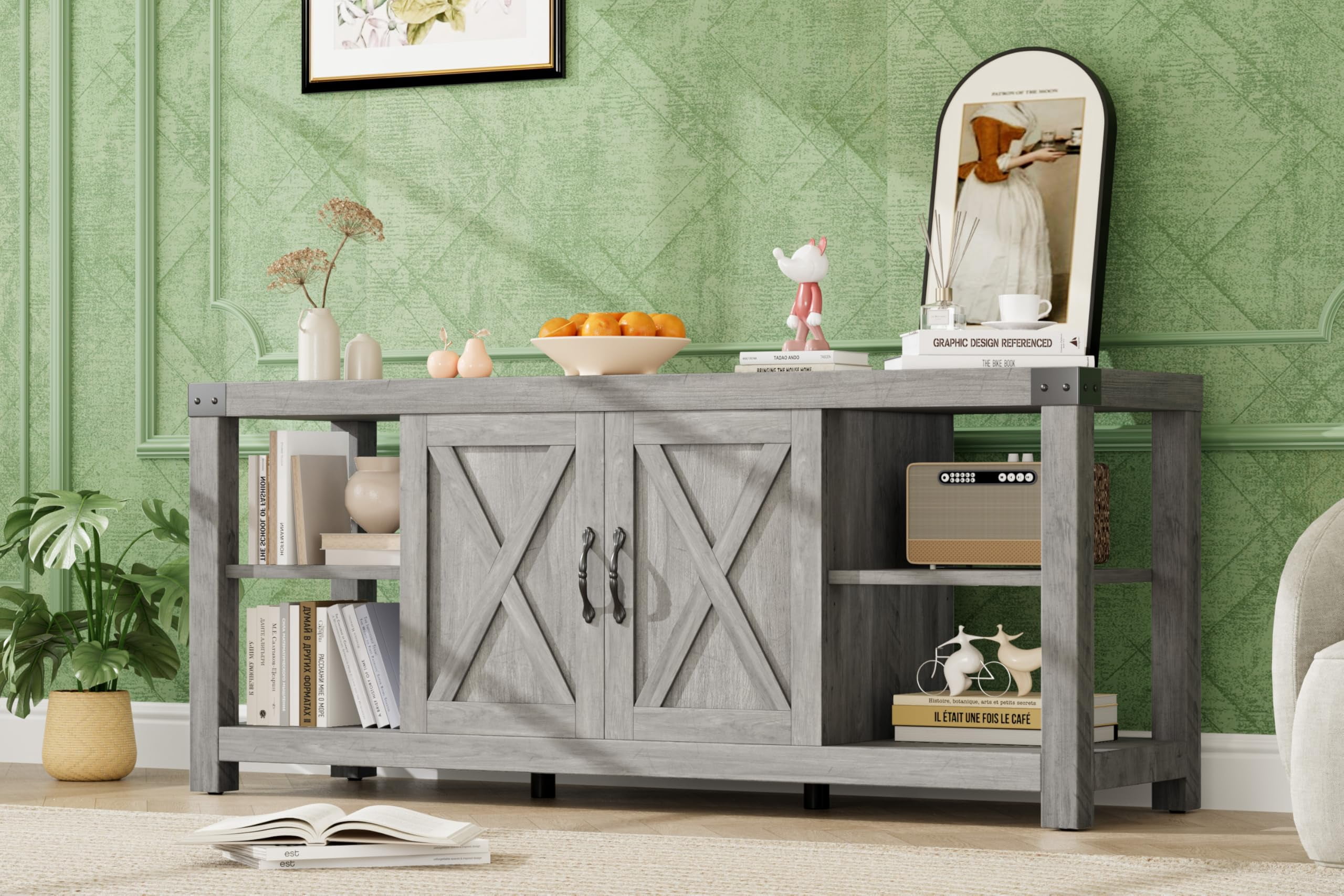 Tv Stand for 65 Inch Tv, Farmhouse Entertainment Center with Storage, 60 Inch Tv Console Table with Shelves, Modern Media Console Cabinet with Doors, Wooden Tv Stand for Living Room, Bedroom