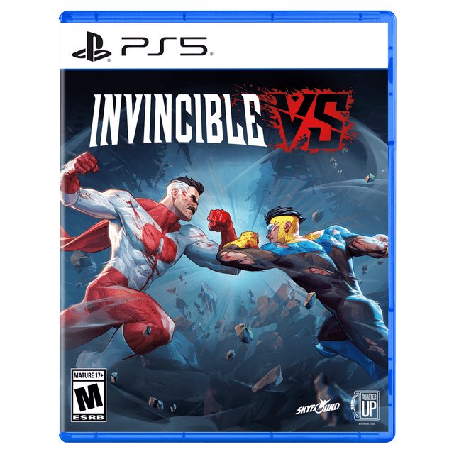 Invincible VS PlayStation 5 game cover showing two superheroes in combat, one in a white and red suit with a cape and the other in a blue and black suit, surrounded by flying debris and shattered rocks, with the bold game title in white and red at the top.