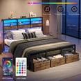 thumbnail image 3 of Pinmoco King Bed Frame with 15.7'' Large Under Bed Storage and 3 Drawers, Metal Platform Bed with High LED Storage Headboard and Charging Station, Height Adjustable, Rustic, 3 of 7