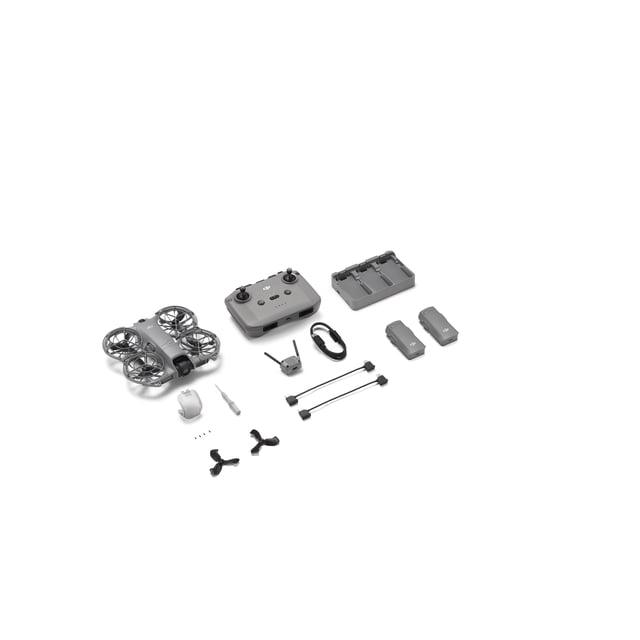DJI Neo 2 Fly More Combo with a compact gray drone featuring full-coverage propeller guards and omnidirectional obstacle sensing, a gray remote controller with dual joysticks, two gray batteries, a triple battery charging hub, two black propellers, a small screwdriver, a white propeller guard replacement, a USB cable, an antenna module, and two short black connection cables on a white background, ideal for creative aerial photography and gesture control flying.