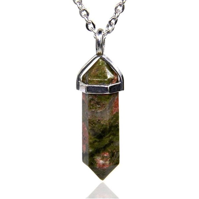 Unakite Gemstone Hexagonal Pointed Reiki Chakra Pendant Necklace 18"