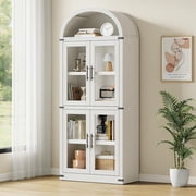 Arched Bookshelf with Doors Farmhouse Bookcase 15.83in Depth Display Storage Shelves 71.4in Tall Wooden Display Cabinet Rounded Bookcases for Living Room, Kitchen, Office (White)