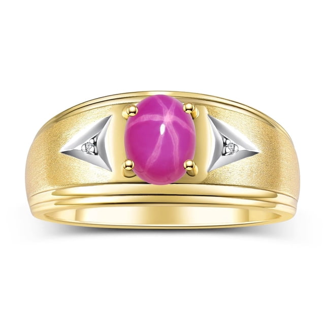 RYLOS Men's Rings 14K Yellow Gold Classic 8X6MM Oval Gemstone & Diamond Ring Star Ruby July Birthstone Rings For Man Gold Rings Size 11