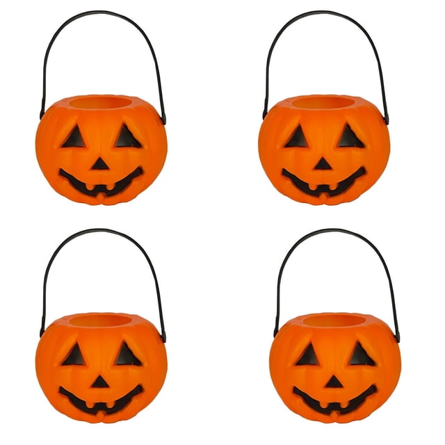 TopLLC 2pc/3pc/4pc Halloween Pumpkin Bucket set featuring small plastic pumpkin-shaped buckets with black Jack-o'-lantern faces and sturdy black handles. Ideal for kids to collect candy during Halloween or as decorative accents for Halloween parties. Made of durable PVC material, these lightweight buckets are reusable and suitable for indoor and outdoor use.