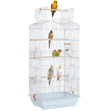 Yaheetech 41''H Open Top Metal Bird Cage Large Parrot Cage Double Door Design Slide-out Tray with Four Feeders, White
