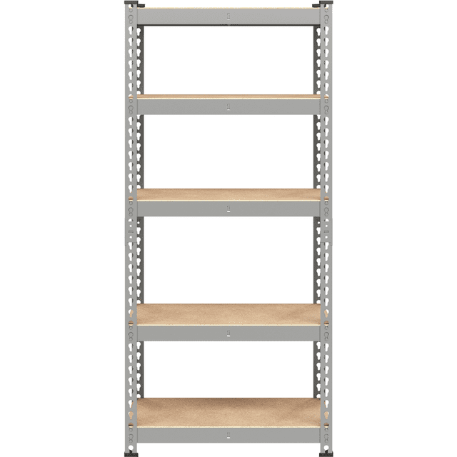 Fullfurnique 59″ Height 5 Tier Metal Boltless Storage Shelf with Anti-Skid Rubber Pads in light gray, front view showing five adjustable MDF shelves on a powder-coated steel frame with perforated vertical supports and rubber foot pads for stability, suitable for garage or home storage and flexible organization.