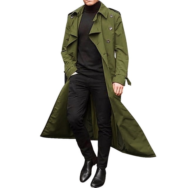 TIMIFIS Men's Full Length Trench Coat Long Wool Overcoat Winter Windbreaker-Green - Fall