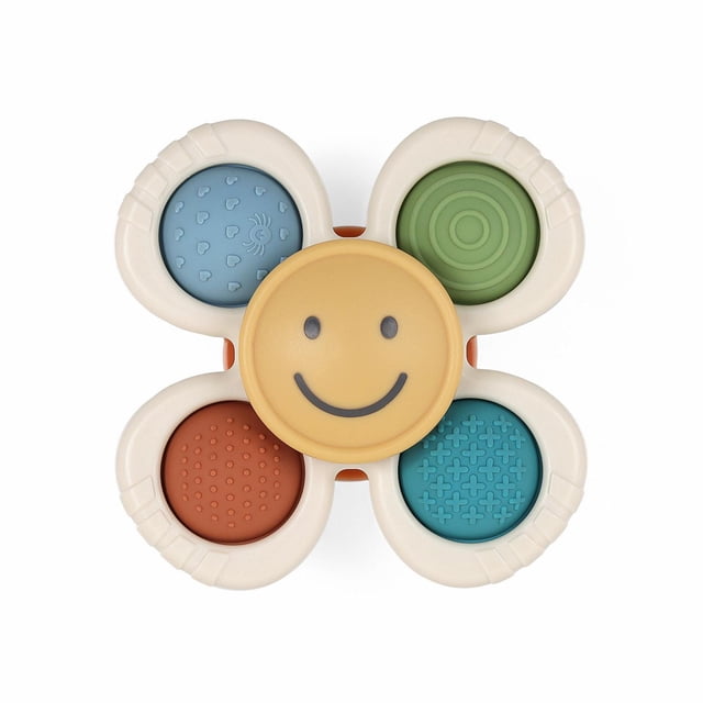 Itzy Ritzy Jouet Anti-Stress Pop and Whirl avec base à Ventouse, Présentant un Visage Souriant Jaune central et Quatre poppers en silicone Texturé en Bleu, Vert, Rouille et Sarcelle, Conçu pour le Jeu Sensoriel des Nourrissons et le Développement de la Motricité fine.