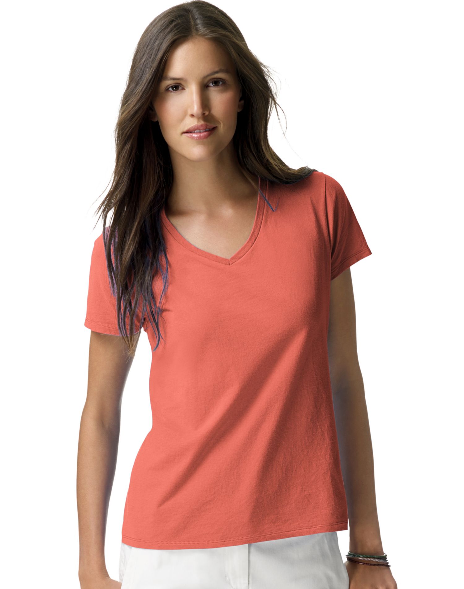 Hanes T-Shirt à Col en V Nano-T pour Femmes, TG, Orange Vintage