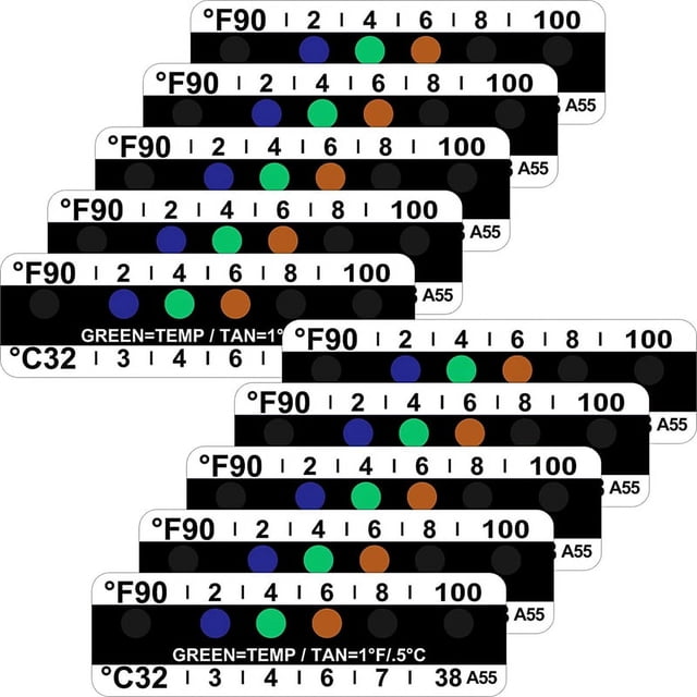 40 pieces of adhesive temperature strips for testing liquid temperatures, ranging from 90 to 100 Fahrenheit (32 to 38 Celsius). These sticky thermometer strips feature a black and white design with clear temperature indicators and green points for easy reading. Compact size of 1.5 x 5 cm, ideal for bottles and small containers.