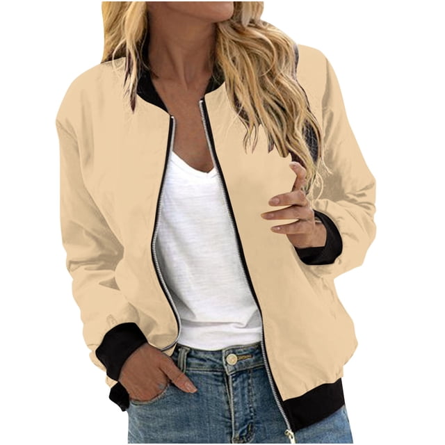 Womens Fashion Jacket Casual Stand Collar Zip Up Lightweight Coat Fall Color Block Jackets with Pockets Khaki XXL