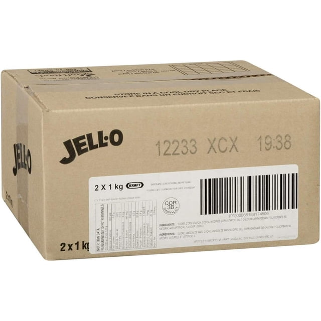 Kraft Instant Chocolate Pudding Mix, 1kg pack, displayed in a bulk cardboard box labeled with 'Jell-O' branding and product details. The box includes nutritional information, ingredients, and a barcode, ideal for catering, bakeries, or home use as an instant dessert mix.