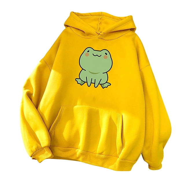 cllios Womens Cute Cartoon Frog Print Hoodies Long Sleeve Pullover Drawstring Hooded Sweatshirts