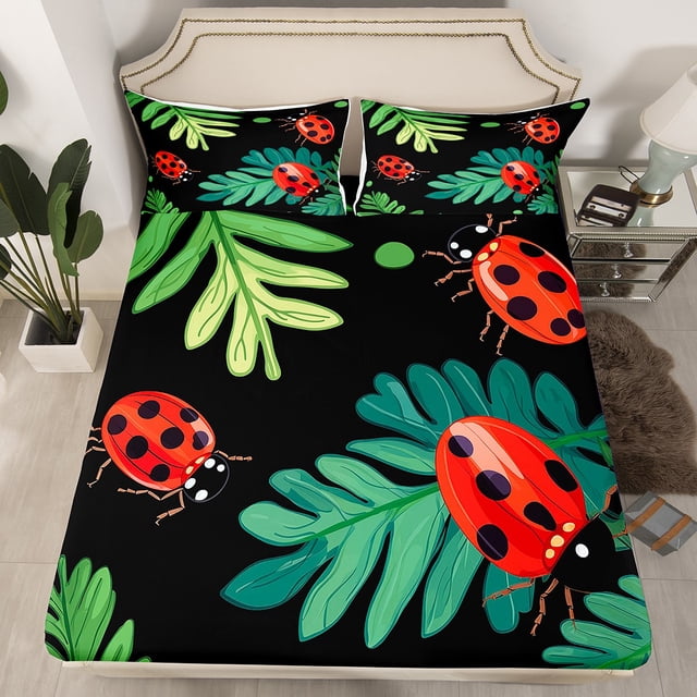 Queen Size Fitted Sheet With 2 Pillowcases, Cartoon Ladybug Bed Sheets Summer Spring Red Animal Ladybugs Soft Bedding Set For Kids And Adults Bedroom Bed Decor(No Top Sheet)
