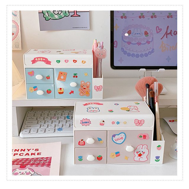 Boîte de Rangement de Bureau Design Tiroir Grande Capacité Couvercle Anti-Poussière Décoratif Simple Boîte de Rangement pour Soins de la Peau Rose Clair avec Autocollants