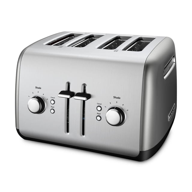 KitchenAid® 4-Slice Toaster with Manual High-Lift Lever in brushed stainless steel finish, featuring four extra-wide slots, dual independent shade control knobs with five settings, two manual high-lift levers, and buttons for cancel and bagel functions, designed for versatile toasting of bread, bagels, and frozen items.