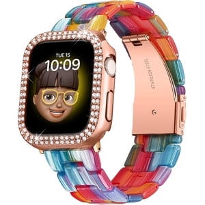 XIHAMA Resin Watch Bands for Apple Watch Band 40mm 41mm 44mm 45mm iWatch Watch Strap with Glitter Bling Protective Case Cover Wristband for Apple Watch Series 8 7 SE SE2 6 5 4