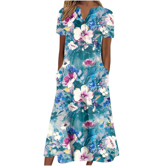 Cameland Robe d'Été pour Femme Décontractée à Col en V avec Boutons, Manches Courtes, Imprimée, Coupe Évasée, avec Poche