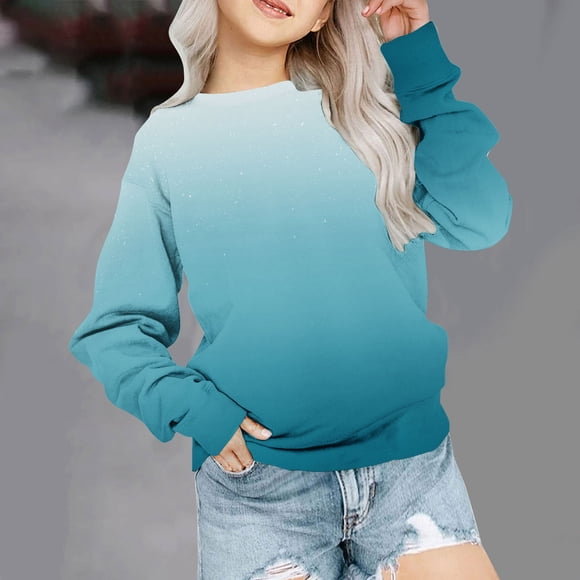 Milgrthf Girls Gradient Sweatshirts Crewneck Loose Fitting Tops Long Sleeve Color Block Casual Lightweight Pullover Blouses Light Blue 9 Years