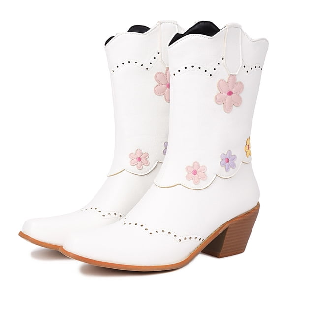 Pisexur Cowboy Boots for Womens Western Boots With Embroidered, Pull-On Chunky Square Toe Chunky Heel Ankle Boots, Durable and Fashionable Retro Classic Short Boots For Spring Fall