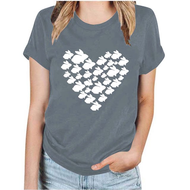RKSTN Hauts pour Femmes 2024 Été Décontracté Ample Grande Taille Imprimé Graphique Lapin de Pâques Blouse Mode Col Rond Manches Courtes T-shirt