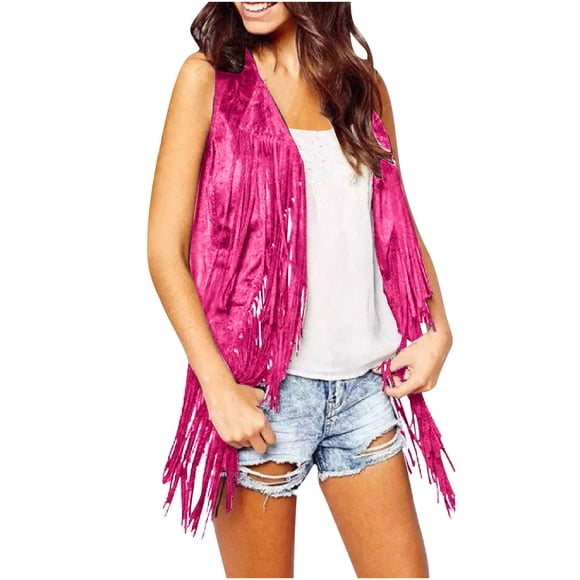 Moxiu Womens Fringe Trim Vest Sleeveless Suede Faux Tassels Cardigans Open Front Ethnic Western Cowgirl Hipple Style Party Clubwear Coat 2025 Hot Pink,XXXL
