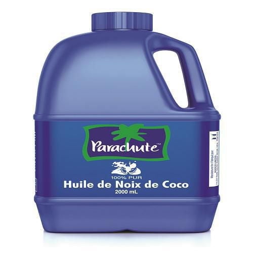 Parachute Huile de Noix de Coco 2 L dans une Pichet en Plastique Bleu avec Poignée et Bouchon à Vis, Étiquetée en Français et en Anglais comme Huile de Noix de Coco et Huile de Noix de Coco, 100 % pure, Idéale pour les Soins Capillaires et la cuisine Indian, Rangement à Température Ambiante.