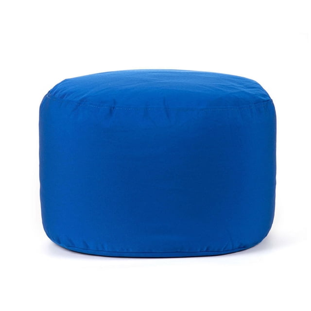 Gouchee Home Soleil Indoor/Outdoor Ottoman in water-repellent blue olefin fabric, compact round pouf measuring 20 inches diameter by 12 inches height, filled with high-density Canadian polystyrene beads for firm comfort, lightweight and durable for patio, balcony, or living room seating and footrest.
