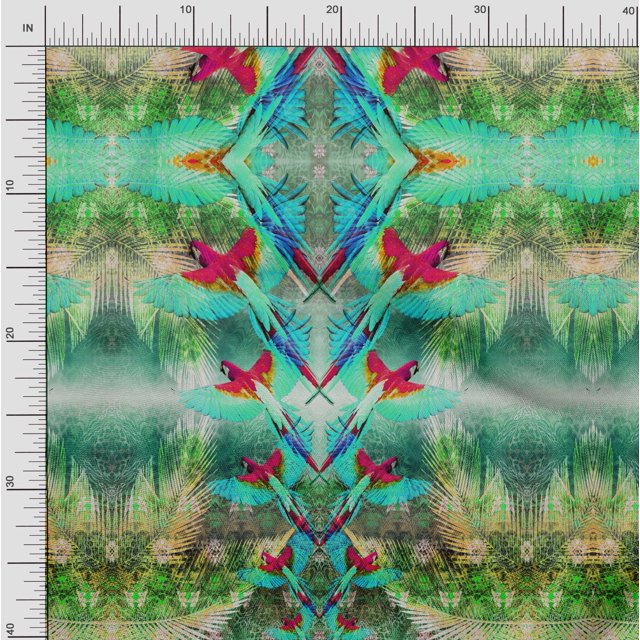 Soimoi Satin Silk Fabric Branch & Colorful Parrot Panel Printed Fabric 1 Yard 42 Inch Wide