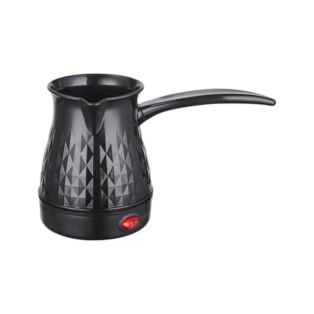 Tnarru Electric Coffee Pot Tea Kettle Turkish Coffee Maker in black with a 500mL capacity. Features a long handle for comfortable grip, a stainless steel 600W heating plate for fast heating, and a durable PP material construction. The pot has a textured diamond pattern exterior and a red power switch at the base. Suitable for making Turkish coffee, tea, or warming milk. Ideal for use in kitchens, cafes, or camping.
