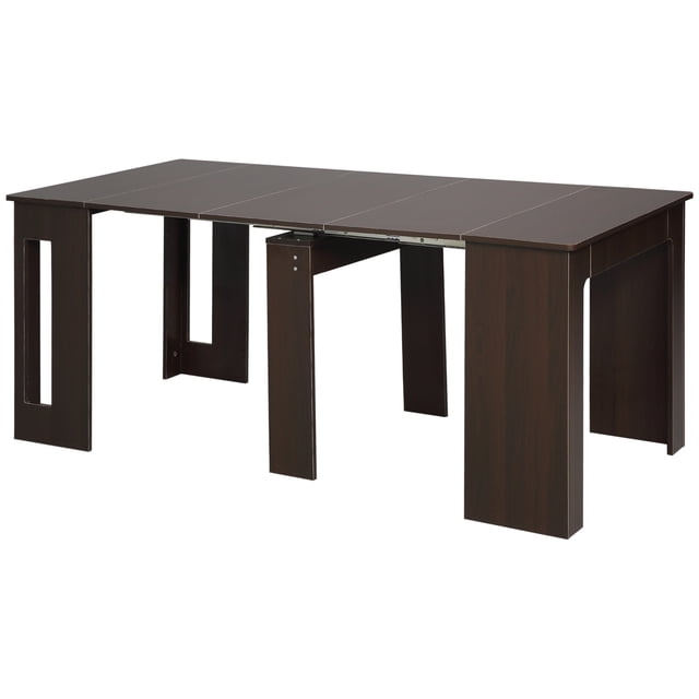 HOMCOM Folding Dining Table in dark brown, designed for small spaces. This extendable kitchen table adjusts from 23.6 inches to 70.9 inches, seating up to six people. Made of particleboard with steel rails for smooth extension, it features a modern design with panels that can be stored under the table when not in use. Dimensions: 70.9 inches W x 33.5 inches D x 29.5 inches H when extended, and 23.6 inches W x 33.5 inches D x 29.5 inches H when folded.