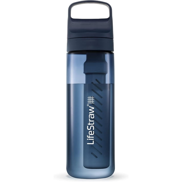 LifeStraw Go Series Filter Water Bottle, Aegean Sea, 22oz, front-facing translucent blue BPA-free bottle with a dark blue screw-on lid and handle. Features a visible internal two-stage filter that removes bacteria, parasites, microplastics, and chlorine to improve water taste, ideal for camping, travel, and everyday hydration.