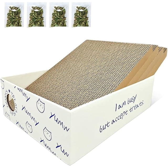 BAMITORI 4 Pcs Tapis à Griffer pour Chat dans une Boîte Grattoir pour Chat avec Herbe à Chat, Comprenant une Boîte en Carton Blanche avec des Motifs Ludiques à Thème Chat et Quatre Tapis à Griffer Réversibles en Carton Ondulé. Comprend Quatre Sachets d'Herbe à Chat pour un engagement Félin Accru. la Boîte Mesure 16,5 Pouces de long, 11,8 Pouces de Large et 4,7 Pouces de Haut, Offrant un Vaste Espace pour les Chats de Toutes Tailles. Conçue pour les Chats d'Intérieur