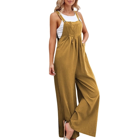 Women's Casual Pocket Strap Solid Playsuit Button Long Jumpsuit - Sleeveless, Loose Fit