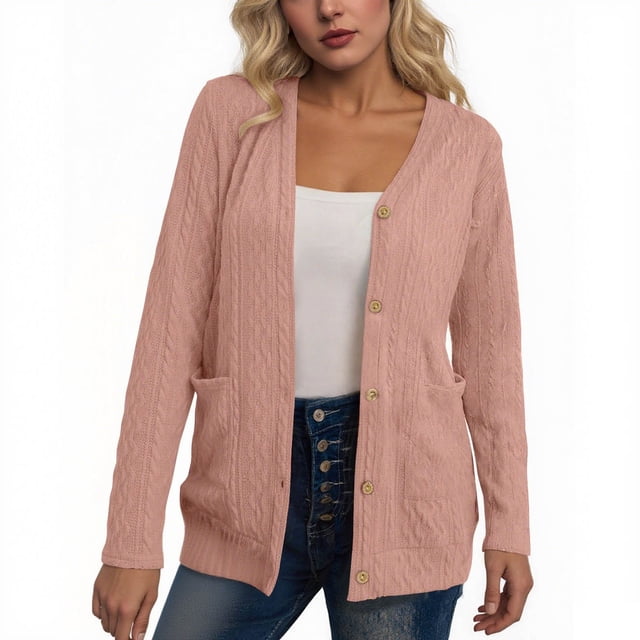 HAiming Womens Knit Cardigan Long Sleeve Button down V Neck Solid Color Lightweight Sweaters with Pockets