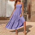 thumbnail image 2 of Robes d'Été pour Femmes Bohèmes à Bretelles Spaghetti, Smockées, à Étages, Longues, de Plage, Soleil, Sans Manches, Unies, Robe Maxi, 2 of 9