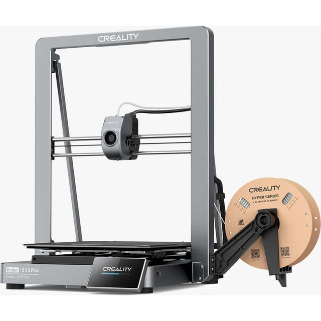 Creality Ender-3 V3 Plus Imprimante 3D avec Cadre en Métal Gris, Extrudeuse à Double Rail CoreXZ, Plaque de Construction flexible et Porte-Bobine Arrière Chargé de filament Creality Hyper Series, Montré d'Un angle avant 3/4 sur Fond Blanc, Idéal pour une Impression FDM Précise et un Prototypage pour Amateurs.