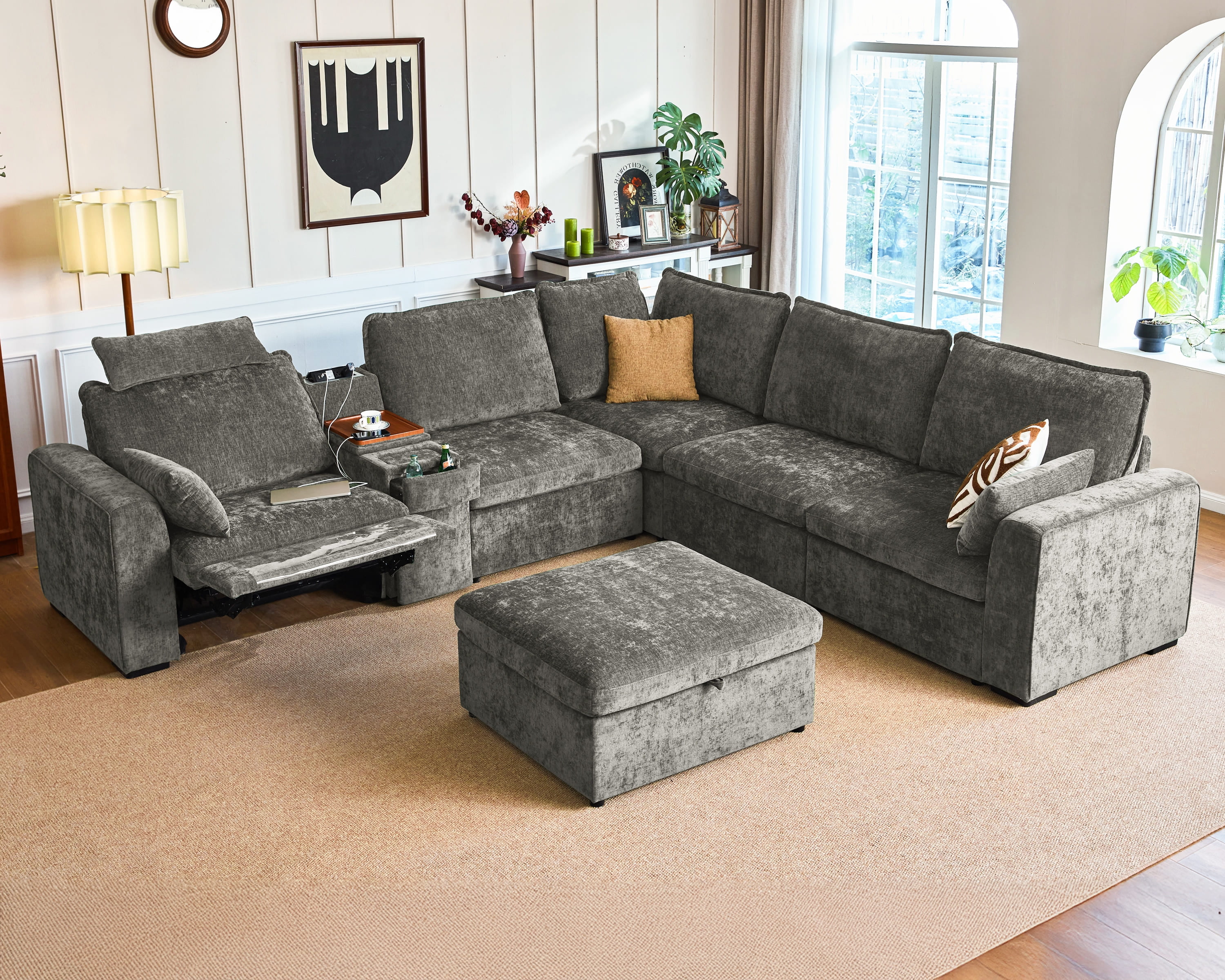 BEDEEP Canapé Inclinable Électrique 133,9 Pieds' avec Console d'Appui-tête, Canapé Sectionnel en Chenille Moduar Cloud avec Ottoman de Rangement, Canapé Convertible 6 Places pour Salon RV, Gris
