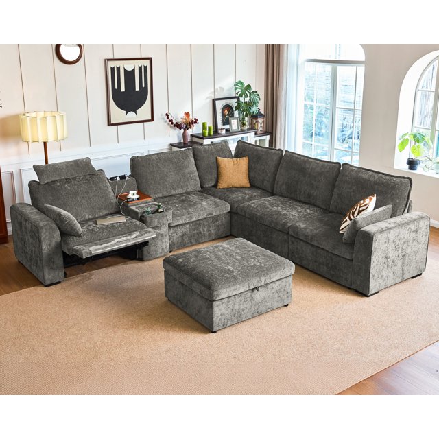 BEDEEP Canapé Inclinable Électrique 133,9 Pieds' avec Console d'Appui-tête, Canapé Sectionnel en Chenille Moduar Cloud avec Ottoman de Rangement, Canapé Convertible 6 Places pour Salon RV, Gris