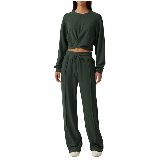 Timegard Survêtement pour Femmes 2 Pcs Hauts Courts à Manches Longues et Pantalons à Jambe Droite à Taille Élastique Ensembles de Course Athlétiques