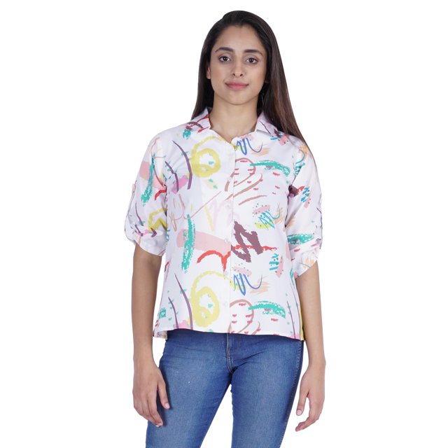 Moomaya Womens Printed Top Roll-Up Sleeve Collar Neck Button-Down Shirt