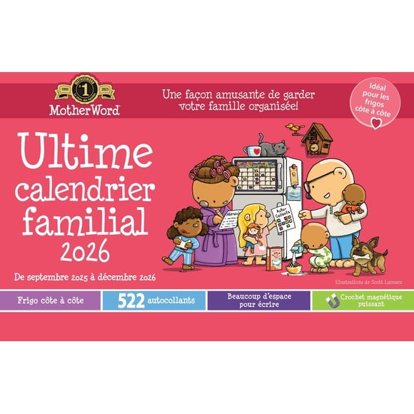 Calendrier magnétique Motherword 2026 pour réfrigérateur/mur (Version Côte à Côte) - Français