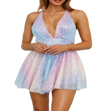 Robe Mini à Paillettes pour Femmes Col en V Profond Dos Nu Robe de Soirée Club Disco Mini Robes